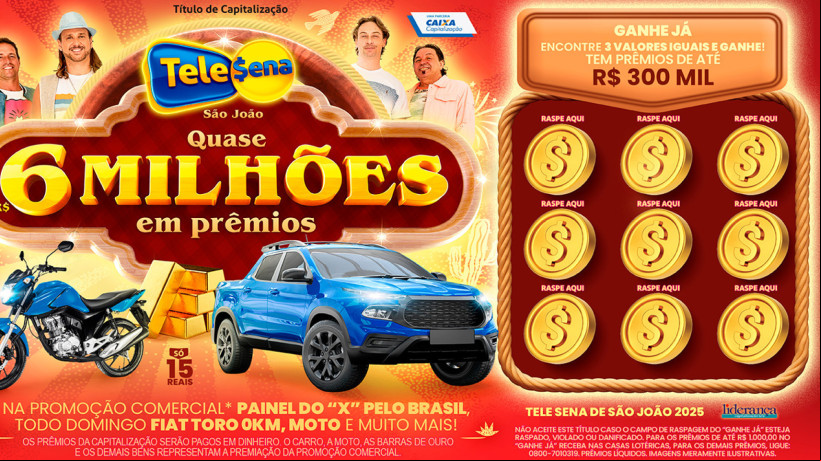 Tele Sena de São João 2025: resultado do sorteio de hoje, domingo, 8 de junho de 2025 (08/06/25); quase R$ 6 milhões em prêmios